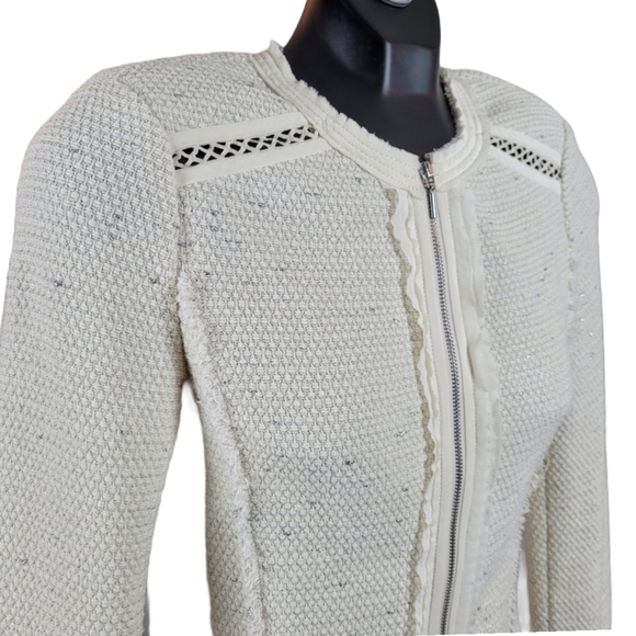 REBECCA TAYLOR Ivory Zip Up Fringe Blazer Jacket Size 2 - Picture 6 of 12